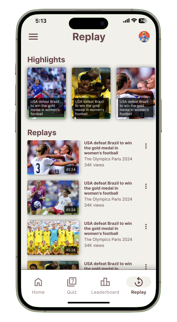 Improved hi-fidelity navigation bar with 'Replay' label